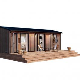 Fachada de la casa móvil imitación madera, grandes ventanales y terraza cubierta